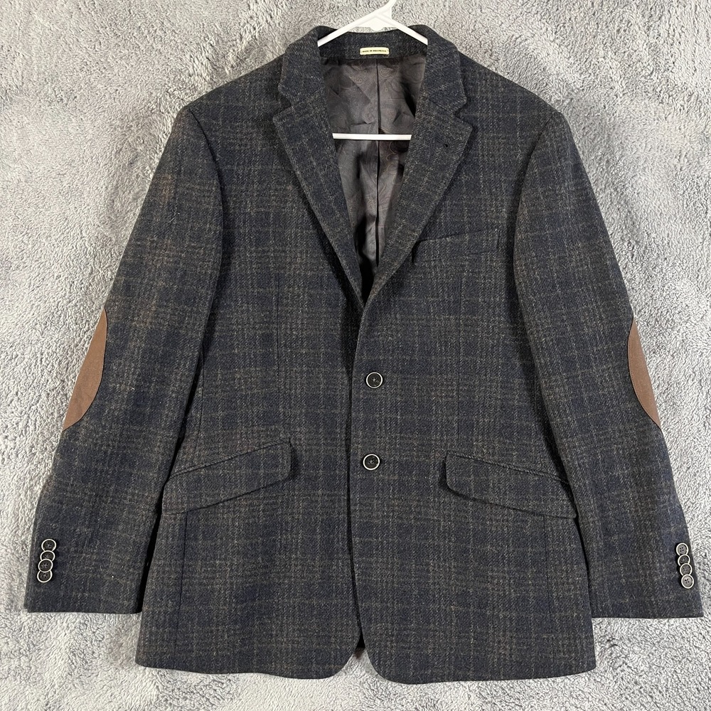JOE Joseph Abboud Blazer Jacket Mens 40s Gray Plaid Wool Elbow Patch Slim Fit